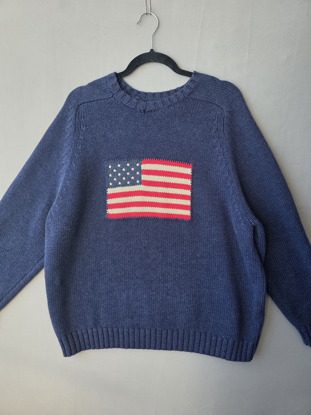 Vintage Lands’ End American Flag Sweater Women’s 1X Navy Knit Patriotic USA